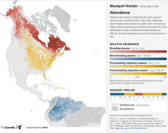 Map showing Blackpoll warbler range