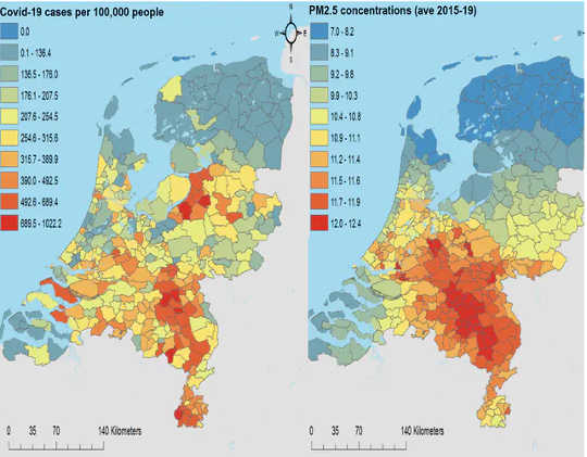 COVID-19 cases per 100,000 people and annual concentrations of PM2.5 (averaged over the period 2015-19) in the Netherlands. 