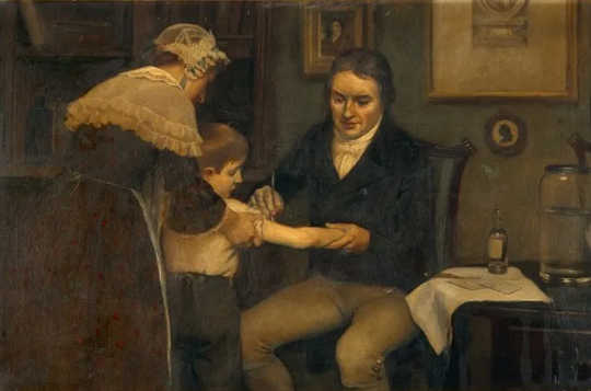 Edward Jenner performing his first vaccination on James Phipps, an eight-year-old boy.