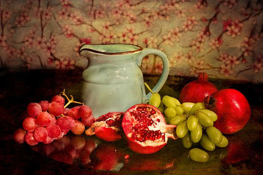 a still life painting of various fresh fruits and a clay pitcher