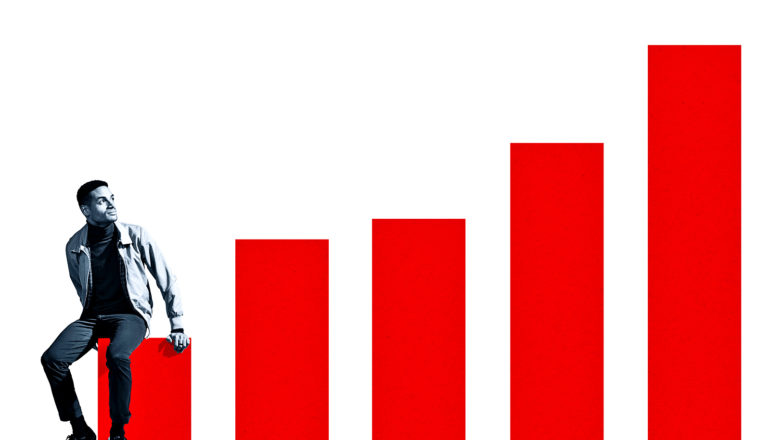 A Black man sits on the lowest bar in a red bar graph on a white background
